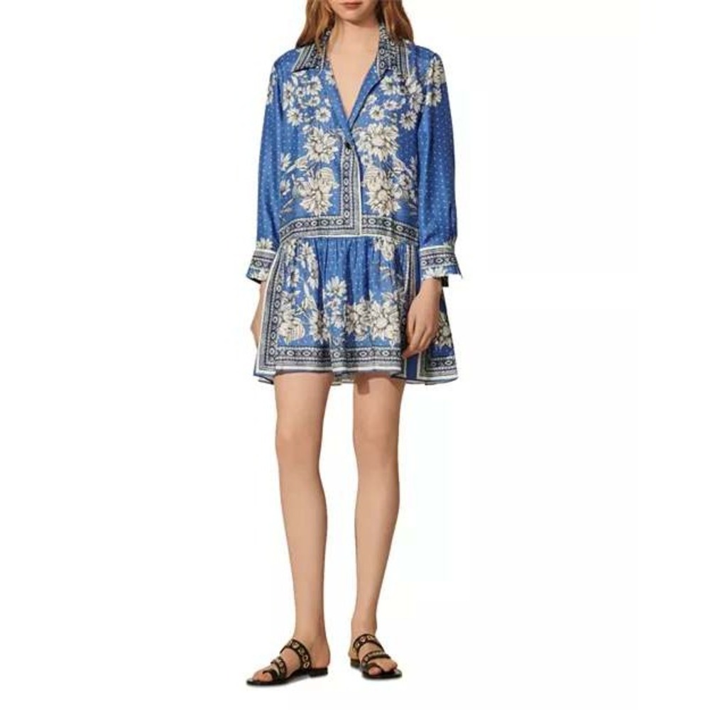 Sandro Women's Chloe‎ Printed Silk V-Neck Dress Blue White Sz 38